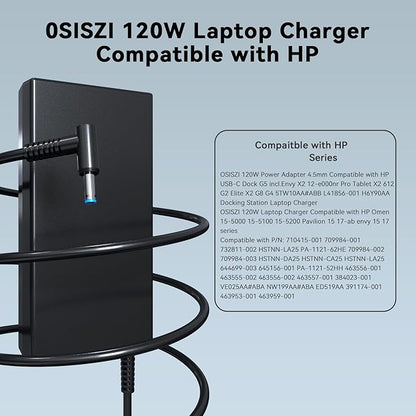OSISZI 120W Power Adapter 4.5 * 3.0mm Compatible with HP Elite Dragonfly G2 ZBook 15v G5 Spectre 13-3000 Paviliion/Omen/Envy 15 17 Gaming 15 710415-001 Docking Station Laptop Charger