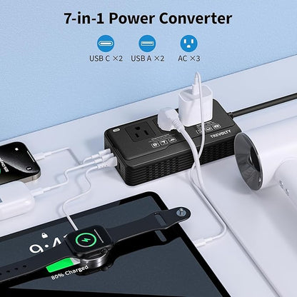 TREVOLTY 2000W Voltage Converter US to Europe for Hair Dryers, 7-in-1 220V to 110V Converter for European Travel with 3 AC/2 USBA/2 USBC Ports, Universal Power Converter Adapter Combo EU/UK/IT/AU Plug