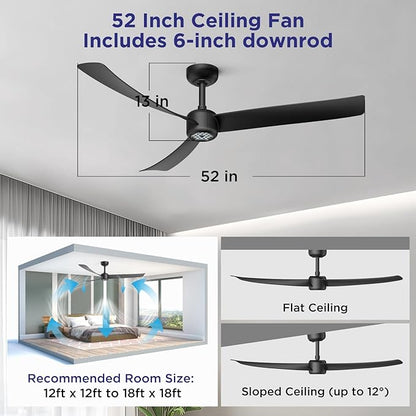 ocioc 52 Inch Ceiling Fans with Lights and Remote,Modern Ceiling Fan with Quiet Reversible DC Motor,6 Speeds,Timer,Dimmable, Black Ceiling Fan for Bedroom,Patios