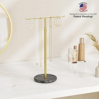Josmimic Gold Necklace Holder Jewelry Organizer Stand – Adjustable Height T‑Bar Jewelry Display with Dark Gray Marble Base, Necklace & Bracelet Holder, Countertop Jewelry Stand