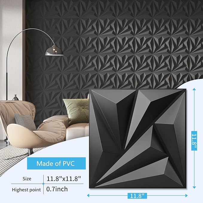 Art3d 20 Pack Decorative 3D Wall Panels 11.8 x 11.8 Inch Covering 19 Sq.ft - Glue Up PVC Wall Panels for Interior Décor, Living Room, Office and Home, Black