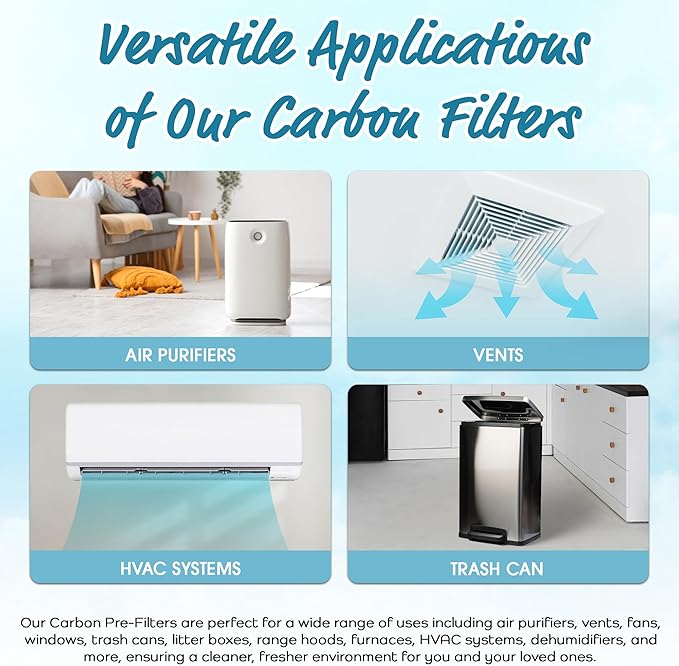 Breathe Naturally Universal Cut To Fit Carbon Activated Air Filter - Replacement Charcoal Filters - Pre Filter Carbon Sheet for Air Purifier, Vent Filters & More - Packed in USA (Pack of 4, 16x48)