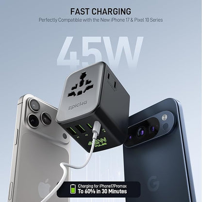 Epicka Pulse Duo 45W Universal Travel Adapter, International Power Adapter with PD & QC 3.0 Fast Charging for 2 Devices Simultaneously, European Travel Plug Adapter, Travel Essentials (Black)