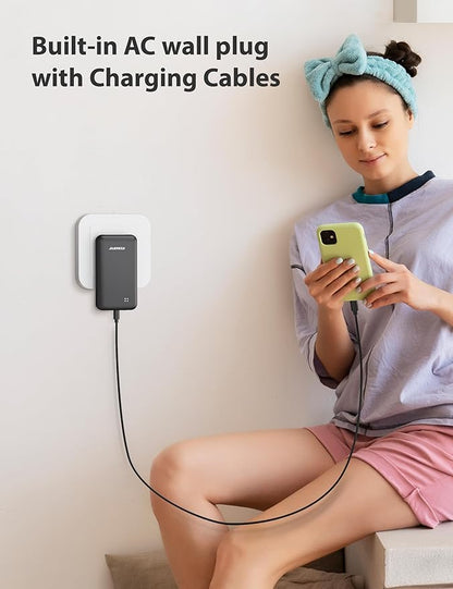 Alongza Portable Charger Built-in Cables and AC Wall Plug, Slim Fast Charging Power Bank 10000mAh, Lightweight USB C External Battery Pack Compact Travel Cell Phone Charger