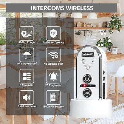 PANDAAR Intercoms Wireless for Home, 2 Way Intercom Communication 4900ft Long Range,Room to Room Intercom Wireless with 3 Volume Levels,20 Chimes Home Intercom System for Indoor Outdoor Use