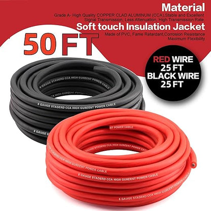 8 Gauge Wire (25ft Each - Red/Black) Copper Clad Aluminum CCA - Primary Automotive Wire,Car Amplifier Power & Ground Cable, 20PCS Lugs Terminal Connectors,60A ANL Fuse Block and Heat Shrink Tubing