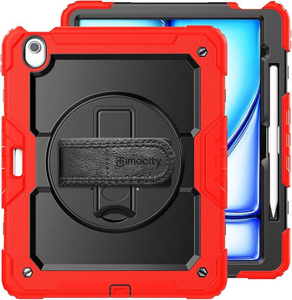 timecity for iPad Air 13 Inch Case M3 2025/ M2 2024, 360° Rotating Stand, Pencil Holder & Wireless Charging, Shockproof with Screen Protector & Shoulder Strap - for Designers & Professionals, Red