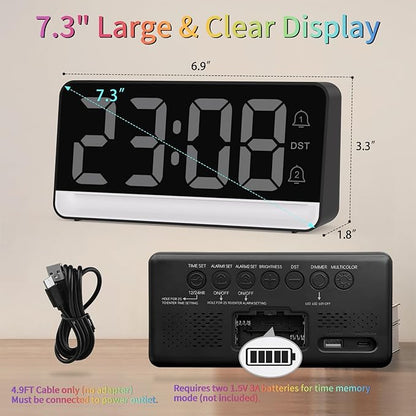 Alarm Clocks for Bedrooms, Digital Bedside Clock with RGB Night Light, Adjustable Volume for Heavy Sleepers, USB Charger, Large Display, Modern Decor for Desk, Dimmable Alarm Clock for Kids(Black)