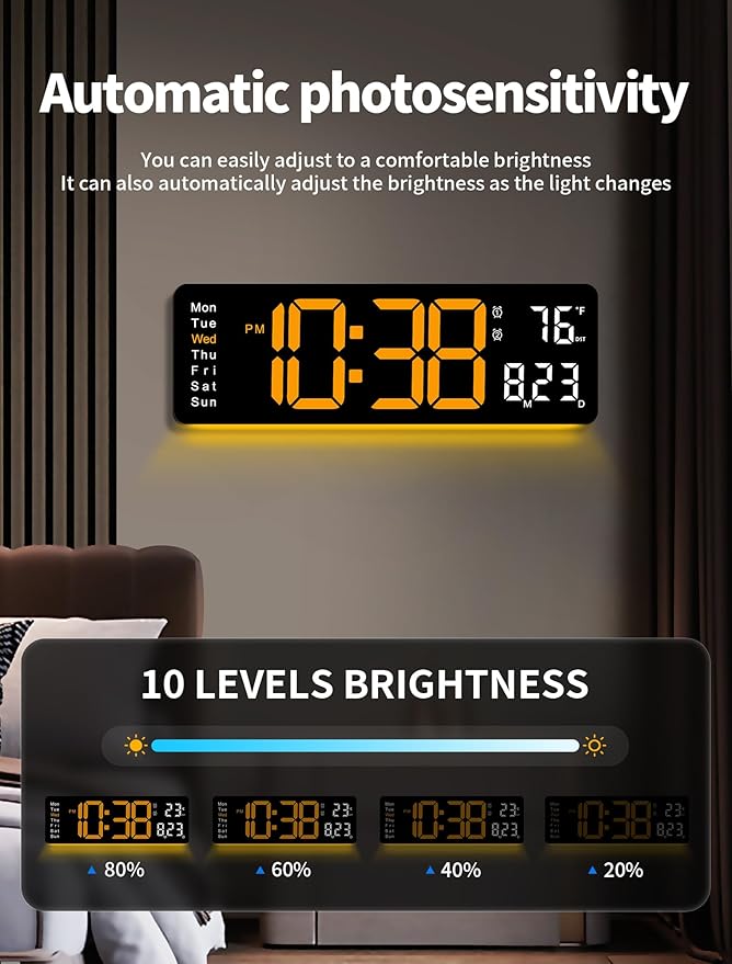 MASHI Digital Wall Clock, 16" Large Display Digital Clock with Remote Control, Auto-Dimming Wall Clock with Night Light, DST, Date Week,Temp for Living Room, Bedroom, Decor, Gift for Elderly