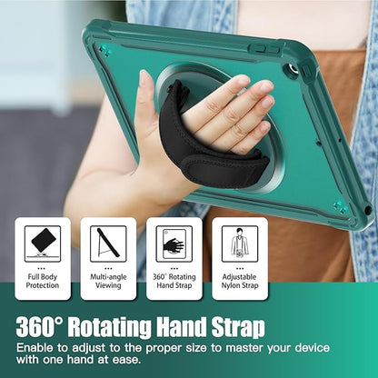 ZenRich Clear Case for iPad 9th/8th/7th Generation 10.2 inch 2021/2020/2019, Shockproof Slim Hard Case with Pencil Holder/360°Rotating Kickstand/Handle/Carrying Strap, MidnightGreen