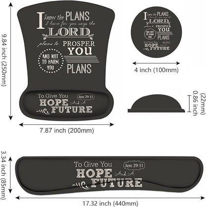 Ergonomic Mouse Pad Wrist Support and Keyboard Wrist Rest Set with Coasters, Non-Slip PU Base, Easy Typing and Relieve Wrist Pain, Perfect for Home Office Working Studying, Bible Verse Jeremiah 29:11