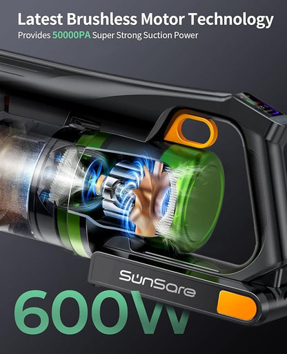 SunSare Cordless Vacuum Cleaner, 50KPa 600W 65Mins Vacuum Cleaner for Home, V-Anti-Tangle Stick Vacuum with Scented Tablet, Upgraded dust Emptying Cup, Vacuum Cordless for Pet Hair/Carpet/Floors