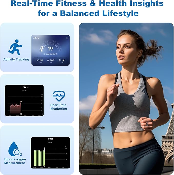 SEEKZERO Smart Ring for Women Men, Titanium Fitness Ring with Heart Rate, Stress & Sleep Monitoring,Step & Calorie Counter, 5ATM Waterproof for iPhone and Android,No Subscription Fee (Black, 7)