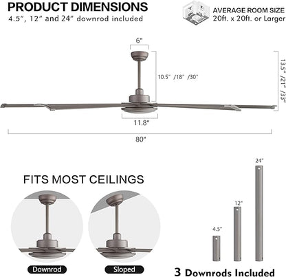 WINGBO 80 Inch Industrial Ceiling Fan without Light, 8 Aluminum Blades Ceiling Fan No Light, 6-Speed Reversible Noiseless DC Motor for Kitchen Bedroom Living Room, Charcoal Gray