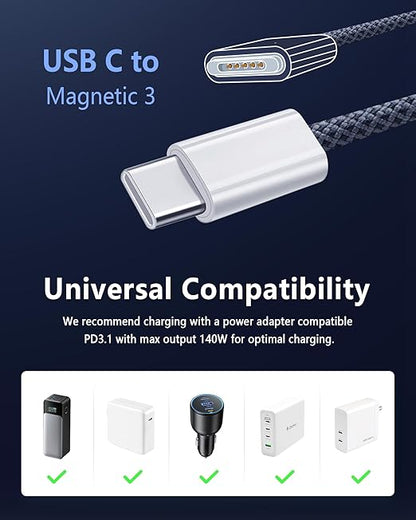 ZeitNah Upgraded USB-C to Magnetic Charging Cable for MacBook Pro/Air (2021-2025), 140W Fast Charging, 6.6ft Braided Replacement Power Cord for MacBook Charger, Midnight