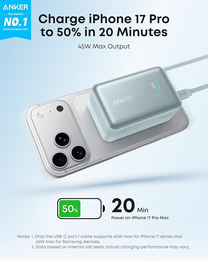 Anker Nano Portable Charger, 10,000mAh 45W Max Compact Power Bank, Travel Essential Phone Battery Pack with 2.3 ft InstaCord Retractable Cable for iPhone 17/16 Series, iPad, Galaxy, Pixel, and More