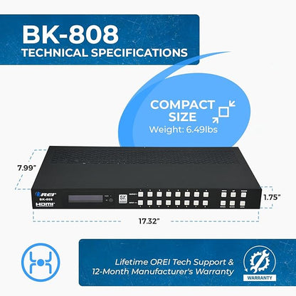 OREI 8K 8x8 HDMI Matrix Switch, Switcher with Audio Extractor UltraHD Supports Upto 4K @ 120Hz IR EDID HDCP 2.3 - Remote Control HDR10+ Dolby Vision, VRR, ALLM (BK-808)