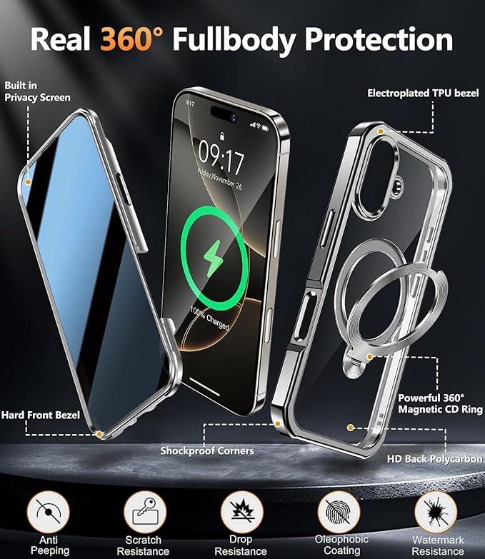[360° Rotatable CD Stand & Built-in Privacy Screen Magnetic Case for iPhone 16 [Compatible with MagSafe & Full Signal] Mil-Grade Shockproof Full Body Anti-Spy Cover for 16-Gray