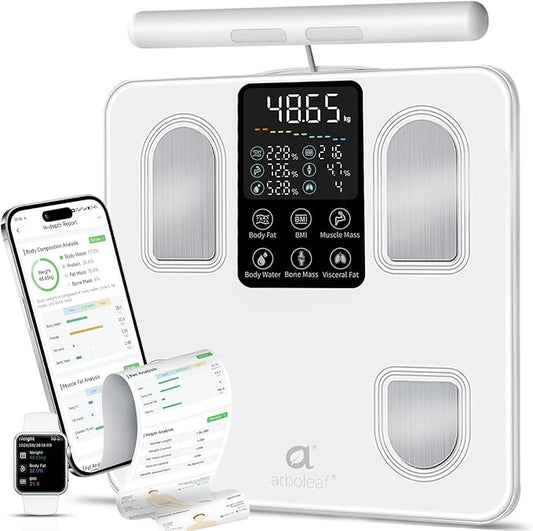 arboleaf Scale for Body Weight, Smart Scale with BMI, Body Fat, Muscle Mass, 26 Metrics Full Body Composition Analyzer, 8-Electrode High Precision Digital Bathroom Scale, Bluetooth Sync, White
