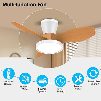ocioc Quiet Ceiling Fan with LED Light DC motor 32 inch Large Air Volume Remote Control Oak for Kitchen Bedroom Dining room Patio