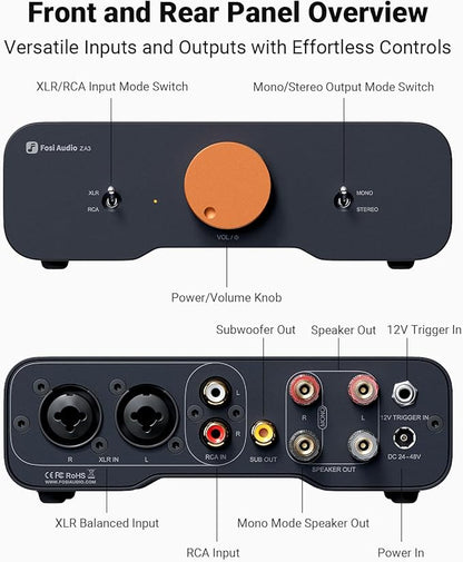 Fosi Audio ZA3 Balanced Stereo Amplifier Home Audio Component Mini 2 Channel Mono Amp TPA3255 for Subwoofer Desktop Home Theater Bookshelf Tower Floorstanding Passive Speakers with 48V Power Supply