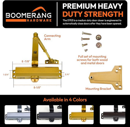 Boomerang Medium Duty Automatic Commercial Door Closer - D703 Hydraulic UL 3 hr. Fire Rated Closer, Surface-Mounted Size 3 for Home & Light Commercial Doors, Painted Brass/Gold (US4)