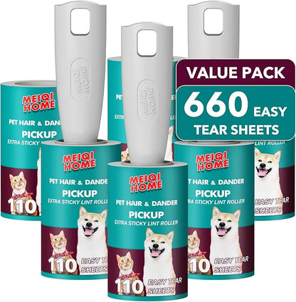 MEIQIHOME Lint Rollers for Pet Hair Extra Sticky, 660 Sheets Value Set Lint Roller with 3 Upgraded Handles, 6 Rollers Portable Pet Lint Remover for Clothes, Furniture, Carpet, Dog & Cat Hair Removal