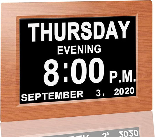 JALL 【New 2024】 Digital Calendar Alarm Day Clock - with 8" Large Screen Display, am pm, Multiple Alarms, for Impaired Vision People, The Aged Seniors, The Dementia, for Desk, Wall Mounted, Wood