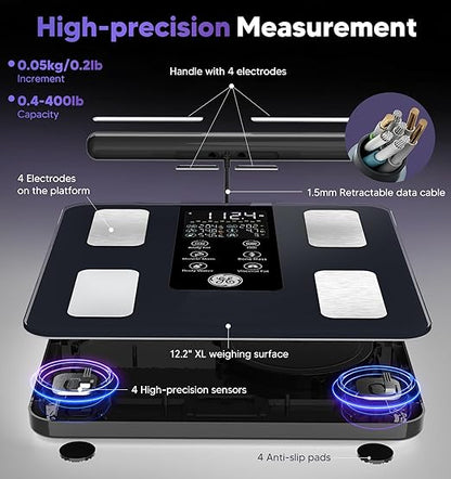 GE Smart Scale for Body Weight: 8-Electrode Digital Bathroom Scale for Weight Fat BMI Muscle Mass Full Body Composition Analyzer 27 Measurements Bluetooth Highly Accurate Weighing Machine 400lb Black