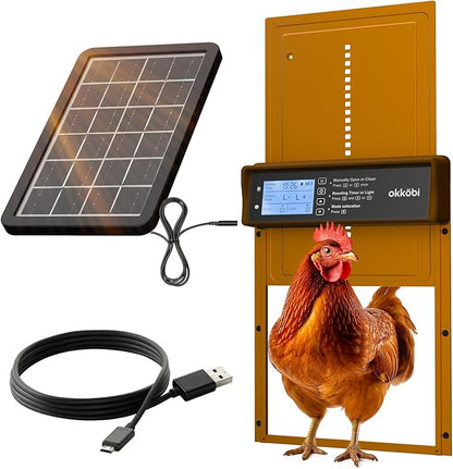 Okkobi Automatic Chicken Coop Door Solar Powered - LCD Display - Chicken Coop Door with Remote Control, Light Sensor & Timer - Security & Peace of Mind: Anti-Pinch function - 5-Year Protection - Brown