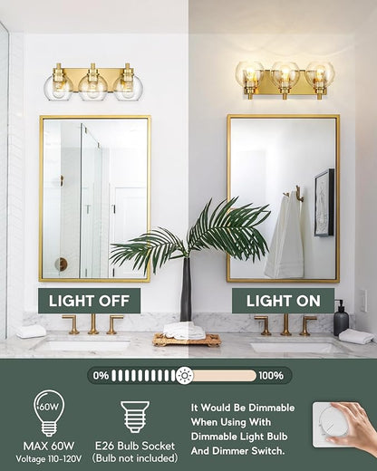 METWET Bathroom Light Fixtures, 3-Light Brushed Gold Vanity Light, Modern Wall Sconces with Clear Glass Globe Shade, Bathroom Wall Lights for Mirror Kitchen Bedroom Hallway Living Room, VL195-GD-3