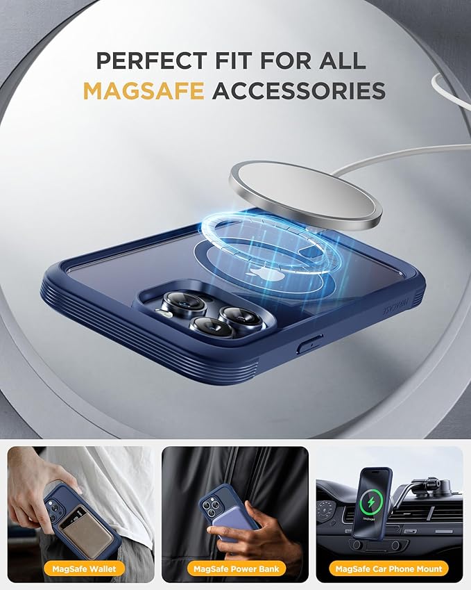 Miracase Magnetic for iPhone 12 Pro Max Case [Compatible with MagSafe] Full-Body Phone case with Built-in Glass Screen Protector& Camera Protector, Military Drop Proof 12 Pro Max Cover, Blue