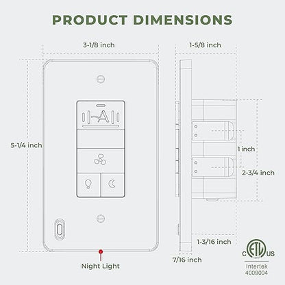 Akicon Humidity Sensor Switch with Motion-Activated Wall Plate, Bathroom Fan Timer Switch for Ventilation, Adjustable Humidity Settings, Fan and Light Control, ETL Listed, White