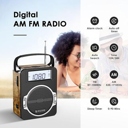 JEUJUG Radio Portable AM FM Digital Radios Clock Radio with Bluetooth 5 Watts Loud Speaker Rechargeable AM FM Radios Plug in Wall Battery Operated Best Reception for Home Outdoor Great Retro