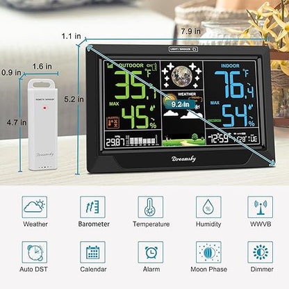 DreamSky Weather Station Indoor Outdoor Thermometer Wireless, Atomic Clock with Indoor Outdoor Temp, Date Day, Adjustable Backlight, Inside Outside Temperature Humidity Monitor for Home