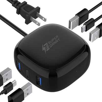 SUPERDANNY 6-Port USB Charger 8A, 40W Mini USB Charging Station, Charging Station for Multiple Devices, 4ft Cable, Compatible with iPhone, iPad, Galaxy, Pixel, for Travel, Cruise, Black