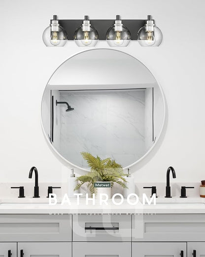 METWET Bathroom Light Fixtures, 4-Light Black and Brushed Nickel Bathroom Vanity Light, 26 Inch Modern Wall Sconces with Globe Clear Glass Shade, Vanity Lighting Fixtures Over Mirror, VL195-KN-4