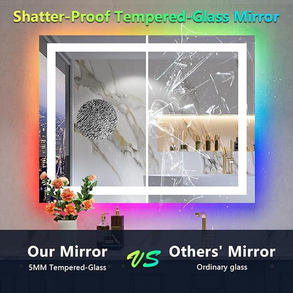YEELAIT 36x30 Inch RGB LED Bathroom Mirror Front Light and RGB Backlit Lighted Vanity Mirror for Bathroom Wall Mounted Dimmable Anti Fog Memory Shatter-Proof IP54 Waterproof Horizontal/Vertical