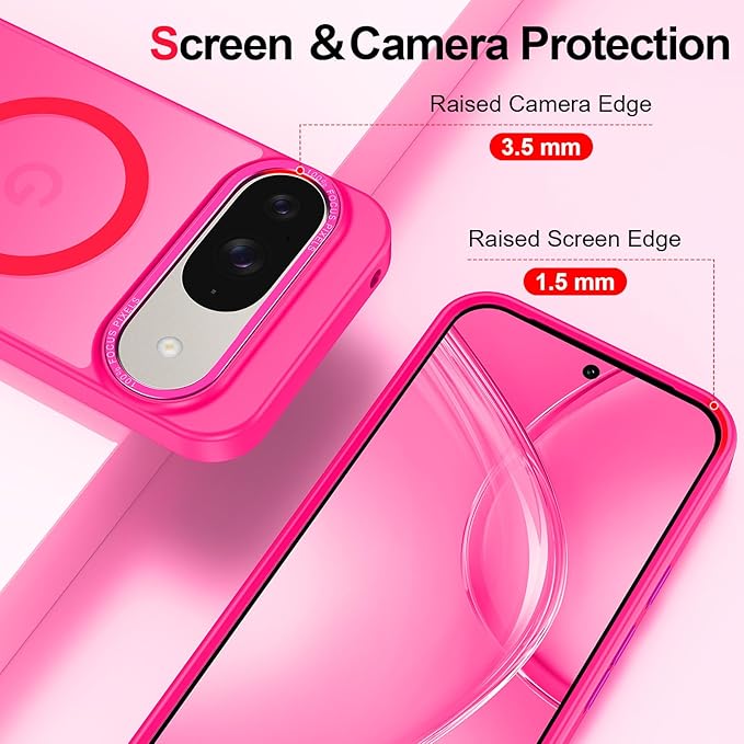 Magnetic for Google Pixel 9/Pixel 9 Pro Case, [Military Grade Drop Protection] [Compatible with MagSafe] Shockproof Slim Translucent Matte Anti-Slip for Women Girls Men Case, Hot Pink
