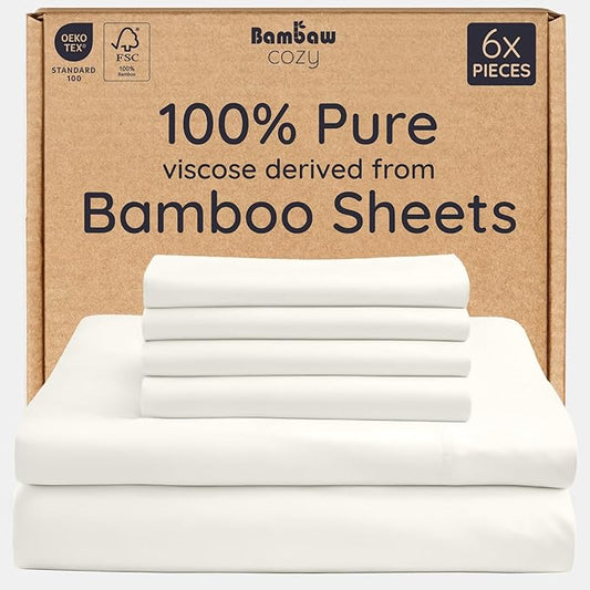 Bambaw King Sheet Set 6pcs – 100% Viscose Derived from Bamboo Sheets King Deep Pocket, Fits Up to 16'' with Elastic Corner Straps, King Cooling Sheets, Hotel Luxury Bed Sheets Set (Ivory)