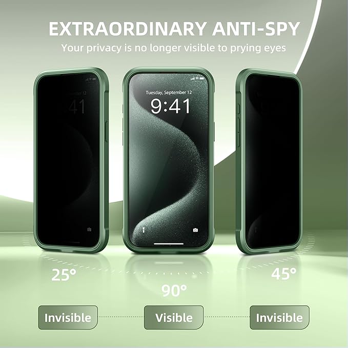 Magnetic for iPhone 15 Pro Case, Compatible with MagSafe, Built-in Privacy Screen Protector and Camera Protection, Anti Spy Full Body Dustproof Shockproof Hard Phone Case 6.1", Pine Green
