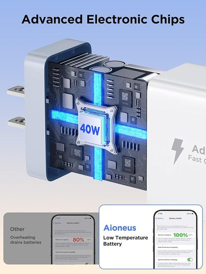40W USB C Charger Block, 2Pack 4-Ports Type C Fast Phone Charging Cube with 6FT USBC to USBC Cord, Multiport Wall Plug Power Brick Box Compatible with iPhone, Samsung, iPad Pro, Cellphones Charger