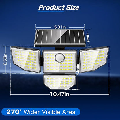 Adewalk 3000LM Outdoor Solar Light - Upgrade 4 Heads 188 LED Solar Motion Sensor Outdoor Lights, IP65 Waterproof Powered Light for Home Darkroom Backyard, 4 Pack