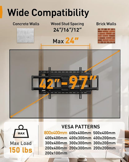 Perlegear Long Arm Full Motion TV Wall Mount for 42–97 Inch TVs up to 150 lbs, Pre-Assembled TV Mount with Full Swivel, Tilt and Extension, Fits 8″/12″/16″/24″ Wood Studs, Max VESA 800x400mm, PGXLF02