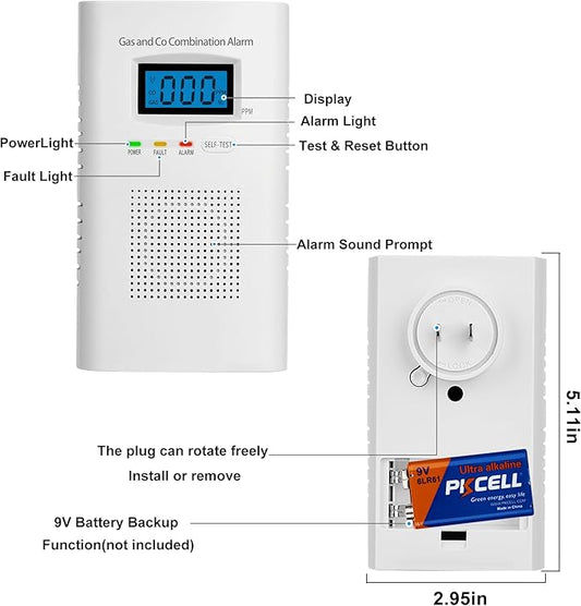 2 Pack Combination Gas & Carbon Monoxide Detectors - Plug in CO Alarm & Natural Gas Detector with Digital Display, CO Detector & Combustible Gas Detector for Home, Easy to Read