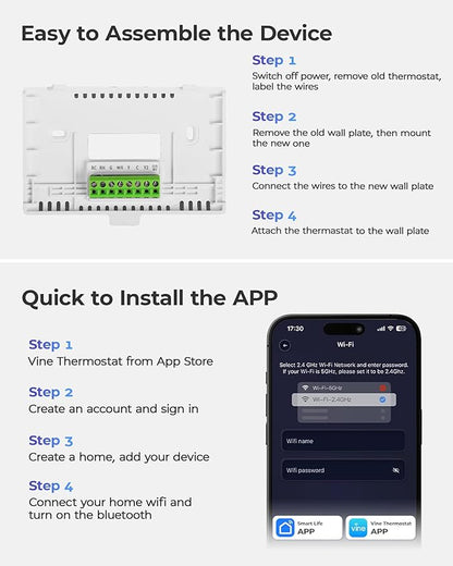 Vine Smart Thermostat for House with Nightlight, 4.3 Inches WiFi Thermostats for Home Compatible with Alexa and Google Assistant, 7day x 8period Programmable, C-Wire Required