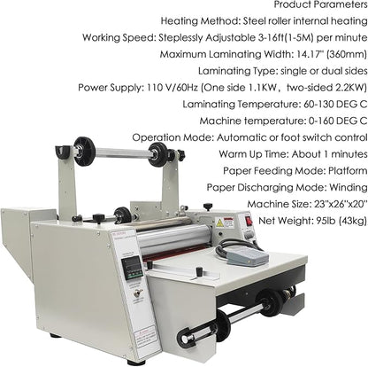 WYDDDARY 14.17"/360MM Electric Steel Roller Thermal Laminator with Winding Mechanism Hot Cold Roll Laminator Adjustable Temp 60-130℃ Electric Laminating Machine for Single/Double Sided Laminating