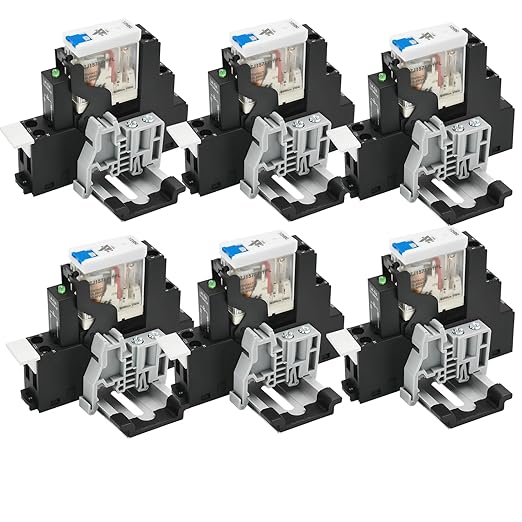 6 Pcs 12 Amp Power Relay Switch 12V DC Relay Coil, 5 Pin SPDT 1NO 1NC with Test Button, LED Module Light, Socket Base, DIN Rail