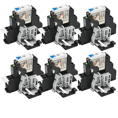6 Pcs 12 Amp Power Relay Switch 12V DC Relay Coil, 5 Pin SPDT 1NO 1NC with Test Button, LED Module Light, Socket Base, DIN Rail