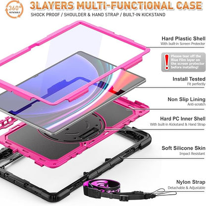Timecity Case for Samsung Galaxy Tab S10 Ultra/ S9 Ultra/ S8 Ultra Tablet Case 14.6''- Heavy Duty Protective Cover with Screen Protector, Stand, Shoulder Strap & S Pen Holder | Kids-Friendly, Red